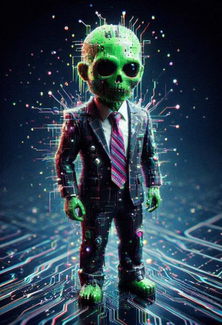Raw digital photo, Tilt shift photography style, pcb_style, chibi, a glitch low-poly circuit zombie made of Liquid Marble, wearing suit and pants with necktie, ( Unmanned:1.2), flickering, mix of colors psychedelic background,