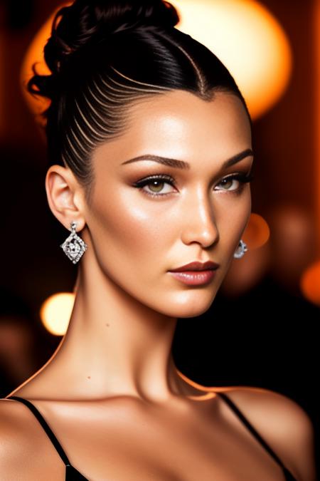 portrait photo of BellaHadid beautiful woman hair updo upsweep nightclub sitting at bar (masterpiece) (best quality) (detailed) (8k) (HDR) (wallpaper) (cinematic lighting) (sharp focus) (intricate) <lora:BellaHadid:1.0>