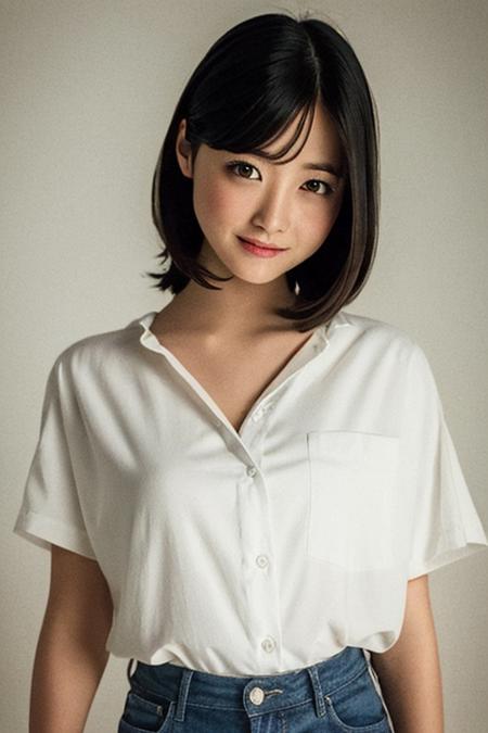 kannahashimotoreal, (masterpiece), best quality, dslr, 1 girl, woman, looking at viewer, smile, standing, short hair, small breasts, white shirt, (white background), <lora:kannahashimotolora:1>,