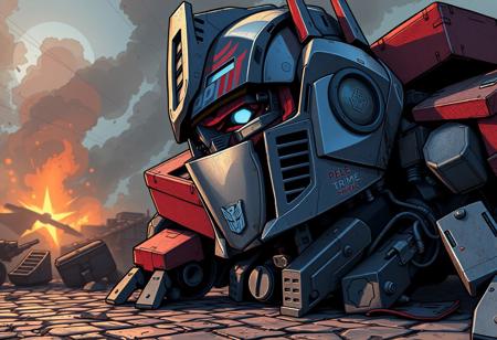 Create a close-up image of Optimus Prime, a robot in a war-torn environment, with a spotlight effect, inspired by Pietro da Cortona and 80s cartoon style, with micro details and lifelike features, adhering to the golden ratio, in the style of James Cowie, with a cult classic comic aesthetic, set on cobblestone floors.
