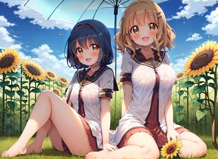 masterpiece, best quality, ultra-detailed, illustration,  <lora:furutani_himawari-v14:0.9>, furutani_himawari, 2girls, :d, barefoot, blonde hair, blue hair, blush, breasts, brown eyes, cloud, collarbone, day, dress, flower, hair ornament, hairband, hairclip, holding, holding umbrella, large breasts, looking at viewer, multiple girls, nanamori school uniform, oomuro_sakurako, open mouth, sailor dress, school uniform, serafuku, shared umbrella, sitting, sky, smile, sunflower, umbrella, water drop, takahero, low twin braids, medium hair