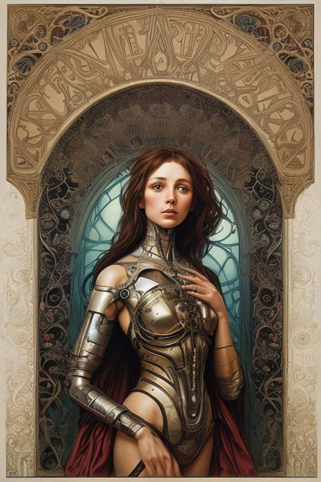 Cyborg android, fantasy, pre-raphaelite style, sinozick, Alphonse Mucha, Agostino Arrivabene, Peter Mohrbacher