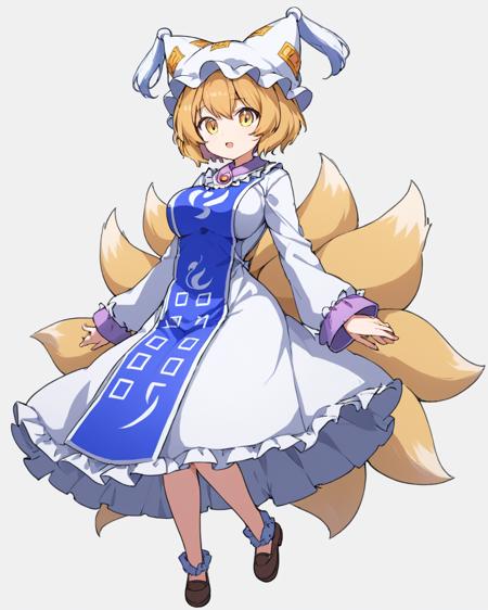 yakumo ran,1girl, solo, hat, fox_tail, white_background, tabard, pillow_hat, simple_background, multiple_tails, white_dress, white_headwear, looking_at_viewer, long_sleeves, breasts, frills, open_mouth, full_body, arms_under_breasts, :o
<lora:yakumo_ran_image6380_2023-12-20-000004:1>,star-shaped_pupils,symbol-shaped_pupils,. gorgeous,key visual, vibrant, studio anime,award-winning, professional, highly detailed,high budget, cinemascope