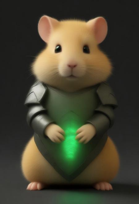 animal, armored hamster, intricate scales, novuschroma54 style armor plating, glowing gemstone embedded in bracer, slit pupils, futuristic design, green energy accents, reinforced metallic structure, detailed textures, high-tech aesthetic, cinematic lighting, dynamic pose, fantasy cybernetic fusion