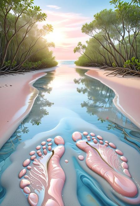 A serene and surreal mangrove forest composed of soft, flowing liquid marble. The liquid marble exhibits smooth and glossy textures, with pastel and pearlescent tones blending harmoniously. Vividly detailed plants emerge from the liquid ground, surrounded by a tranquil liquid beach shimmering with a gentle gradient of soft blues and warm pinks. The ocean stretches endlessly, reflecting soothing light and subtle waves. Human footprints are etched into the liquid sand, hinting at presence but no humans appear. Ultra-realistic, cinematic soft lighting, dreamy and comfortable atmosphere, hyper-detailed,