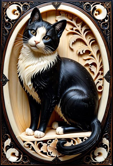 a cat sculpture made of ebony and ivory, intricate scrimshaw style, highly detailed, black and white contrast, ornate engraving patterns, carved wood and bone texture, surreal and elegant design, symmetrical composition, photorealistic lighting, fantasy atmosphere, sdxl style,