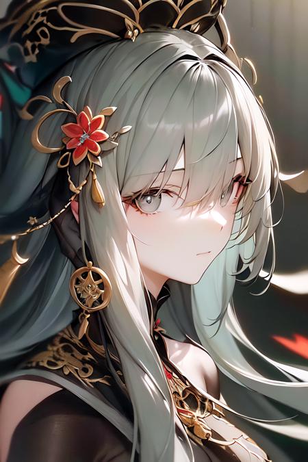 masterpiece, best quality, 1girl, bangs, close-up, closed_mouth, eyebrows_visible_through_hair, (green_hair), grey_background, grey_eyes, hair_between_eyes, hair_ornament, long_hair, looking_at_viewer, multicolored_hair, portrait, simple_background, solo,jewelry