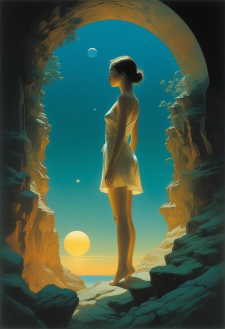 Curiosity, fascination, phosphorescence Artists: Mann, Gammell, Kley, Goldin, Gerome, Quentin Blake, Damien Hirst, Hajime Sorayama, Anne Bachelier, Gibson, Rockwell, Seagrave, Alberto Vargas, N.C. Wyeth, beksinski, Parrish Style: American Realism Color Palette: warm Vibrant, Parrish blue Techniques: impasto Details: idyllic, innocence, fractalize