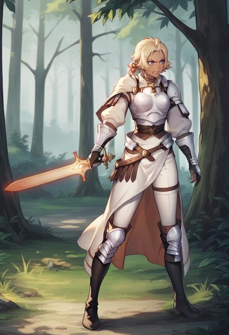 defCath, short hair, ponytail, hair ribbon, dark skin, breastplate, pauldrons, capelet, gauntlets, white pants, knee pads, choker, belt, waist cape, thigh boots sumCath, short hair, ponytail, dark skin, hair flower, white bikini, large breasts, cleavage, tied shirt, see-through, belt, sarong, thigh strap, sandals rndCath, short hair, ponytail, hair ribbon, dark skin