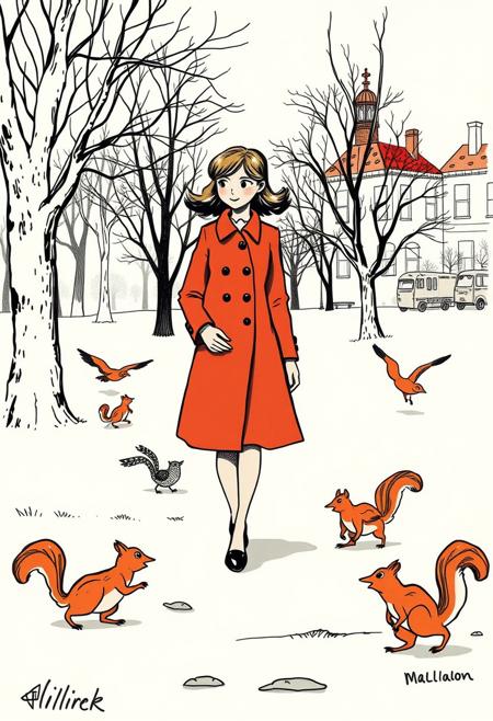 A little woman in a red coat walks through a noir-inspired park, as birds and squirrels drawn in lively sketch style follow her path. graphic illustration, vintage storybook aesthetic, bold linework, expressive character gestures, limited color palette, mid-century visual style, 19th-century whimsy, narrative composition, urban and pastoral settings, playful tone, comic strip influence, period clothing, stylized figures, high-contrast rendering, ink and watercolor texture, dynamic movement, architectural detail, narrative illustration, light humor, classic book charm
