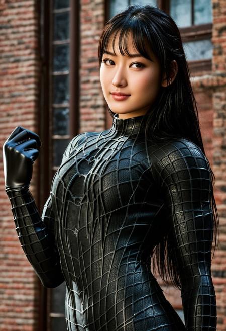 score_9, score_8_up, score_7_up, best quality, realistic, masterpiece, beautiful detail, hyperrealistic, 1girl, korean girl, on a building, professional model of <lora:Spider-Man:1.5>, wears ultra - detailed black raimi spider - man suit, ultra - detailed and grained black raimi spiderman suit, suit covered entire body and hand, black spiderman gloves, straight hair, wet, cute handpose, light smile, (full body on camera), big breasts, (on a gym), muscular bodybuilder girl, close up, octane render, highly detailed, volumetric, dramatic lighting, (highest quality:1.1), (HDR:1.3), (top quality, best quality), realistic, high definition,