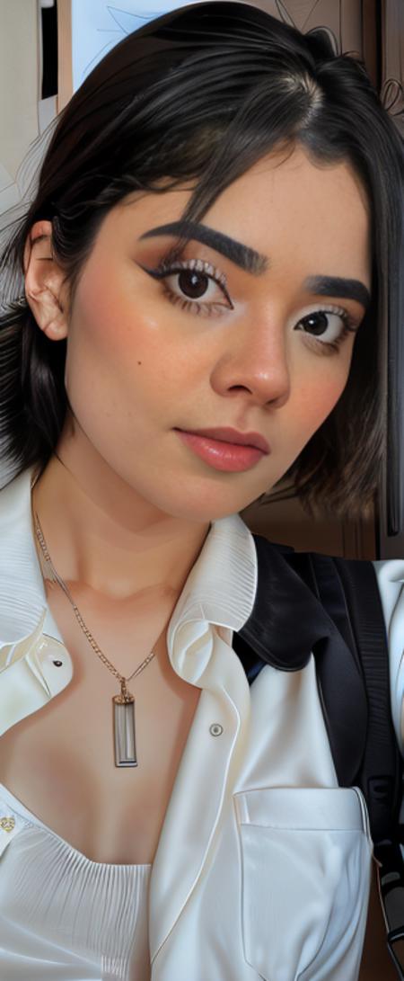 <lora:lyndaparraV2-15:1> a  woman , woman in a casual suit, taking a selfie, with black hair, pretty face , 25 years old