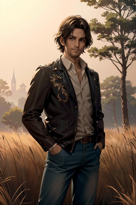 ((ultra detailed, masterpiece, best quality))
 <lora:RE4Luis:0.8>
RE4Luis, 1boy, solo, brown hair, Amidst a field of tall grass, rugged jeans and a flannel shirt, golden hour sunlight casting a warm glow, hands casually in pockets with a carefree smile