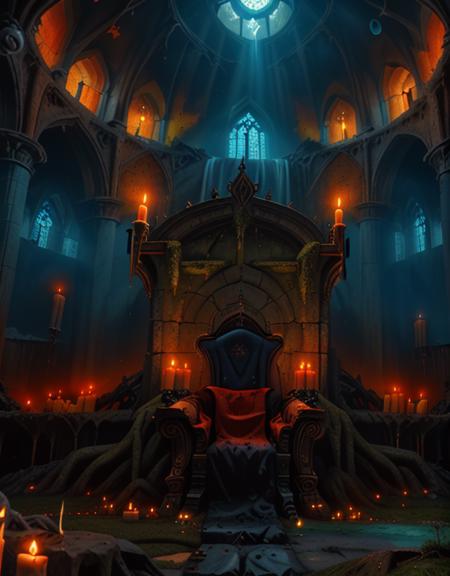 <lora:MW_DEp2sd:1> THR0, throne room of the dark elf king, very dark, pitch dark, very high ceiling, skylight, medieval, candles, throne armchair, crypt room, T10, landscape, mountains, waves, rocks, tree, vegetation, moss, rough sea, waterfall, ruins, sunset, blue, orange, yellow, brown, T9, fire sky, scenery, dead rocky ground, orange clouds, dark