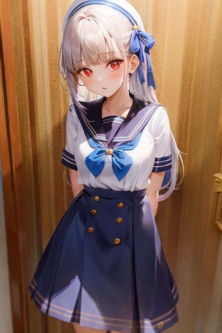 1girl, solo, school uniform, skirt, serafuku, short sleeves, bow, sailor collar, blue skirt, shirt, standing, white shirt, ribbon,, standing, white hair, indoors, very long hair,arms behind back, 
<lora:amavelmessageribbonV1.1:0.8>