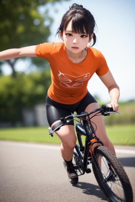 realistic, shaded face, depth of field, beautiful , Extremely detailed, (realistic:1.3), shaded face, depth of field, beautiful ,amazing, (((Extremely detailed))), auto bye, full body, big bike, long shot, 22 yo, round face, black short hair, pony tail, classic big bike, full shot , hill , (orange t-shirt), flat chest,