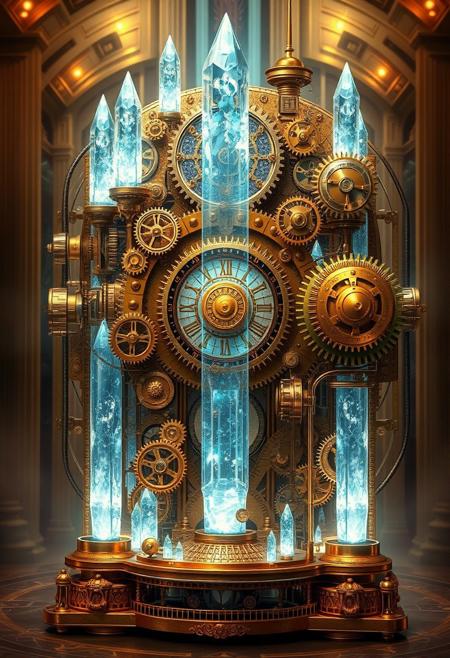 A marvelously intricate steampunk quantum computer stands before your eyes, a fusion of Victorian elegance and futuristic technology. Gears gleam in polished brass, interwoven with elaborate clockwork mechanisms and glowing crystals pulsating with otherworldly energy. This striking image, envisioned as a digital painting, showcases the machine's ornate design and cutting-edge functionality. Every detail is meticulously rendered, creating a visually stunning masterpiece that captivates the viewer with its intricate beauty and technological brilliance.