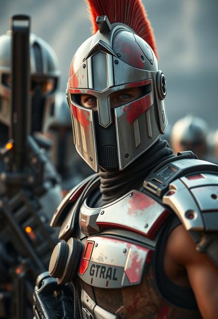 distant future, Spartan commander, close-up in front of a line of Spartan soldiers in high-tech uniforms and weapons