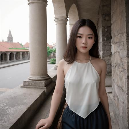 (((solo))) (ultra photorealistic) high quality RAW color professional (half body portrait) photo of a Vietnamese girl 18 years old, ((hyperrealistic aoyem<lora:AoYem_V4_Locon:1>)), wearing yellow aoyem clothes, wearing (long pants), (stand on the ancient city), (hyperrealistic the ancient city background), ((detailed full lips)), ((hyperrealist high detailed hair)), (looking at viewer:1.331), ((visible pores:0.3)), ((high detailed skin:0.9)), (Pale skin oily wet moist shiny sweat:0.8), (uneven skintone veins pale complexion:0.9), intense, modelshoot style, artesian, DSLR, DLSR, art photographer, photographed on a FUJIFILM GFX 100S Camera, Fujifilm GF 63mm lens, F/6 aperture, tele angle, RAW photo ((ultra-detailed)), highly detailed (analog photography), (film grain:0.5), sharp outline, (((sharp focus on face))), (depth of field), POV, 8K, UHD, key light, backlit, diffused soft light, soft lighting, lens flare, natural warm lighting, light from above, (strong front main lighting), crystal clear, high res, photorealistic, depth layering, physically-based rendering, (Ultra detailed)