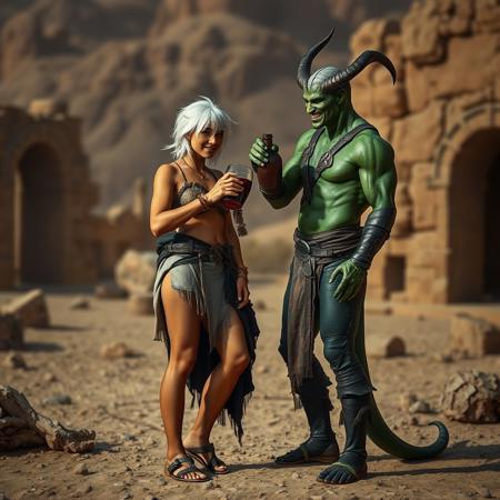 a 35 year old female barbarian warrior,  her short white hair unkempt, her body tanned and her legs bare with sandaled feet, She is standing next to a demon, his green skin glistening, as they share a flagon of wine, they are smiling and relaxed. RPG characters, desert wasteland setting, ancient ruins. A mesmerizing, high-contrast, vivid cinematic photograph,  ultra hd, realistic, vivid colors, highly detailed,