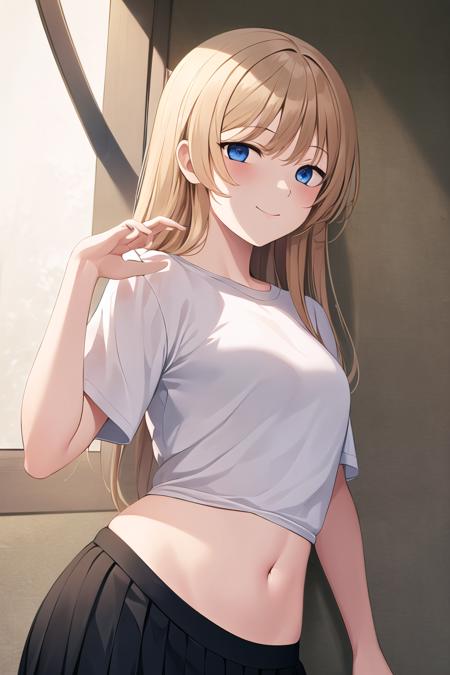 (high quality, high resolution:1.3), 4k, masterpiece, 
BREAK
<lora:Achiki_Style-07:1>, 1girl, upper body, smile, navel, thighs, white shirt, skirt, black skirt, shirt, blue eyes, yellow hair, <lora:NoiseOffset_v2:1.0><lora:NoiseOffset_v2:1.0>