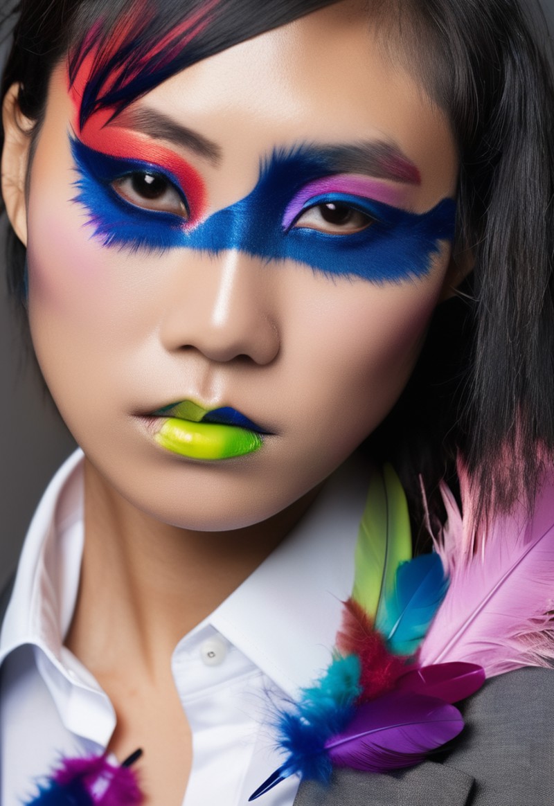 closeup portrait photo of a 20yo messy haired young asian woman (wears an office suite). (artistic makeup with colored fea...