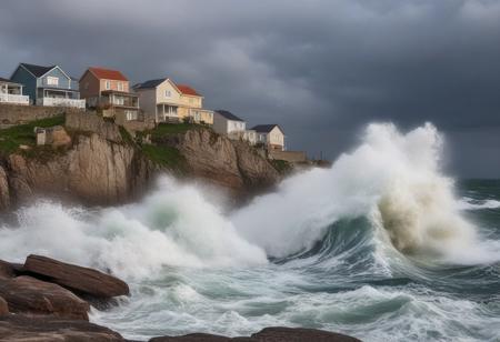 very realistic photography of the raging sea hitting a large rock creating a big splash near a village of houses with diverse colors, cloudy sky background