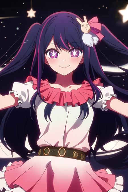 best quality, masterpiece, highres, solo, {hoshino_ai_oshinoko:1.15}, long_hair, purple_eyes, purple_hair, bangs, smile, symbol-shaped_pupils, multicolored_hair, star-shaped_pupils, 1girl, closed_mouth, star_\(symbol\), portrait, blush, close-up