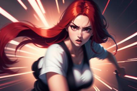 beautiful strong woman, red hair, motion blur, anime style