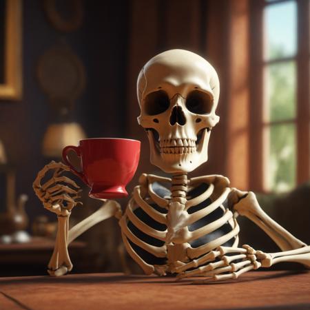 a very expressive and funny skeleton character holding a cup of coffee on a horror mansion hall. pixar disney 4 k 3 d render funny animation movie oscar winning trending on artstation and behance. ratatouille style.
, Realistic , 4k, Hyperdetailed Photography