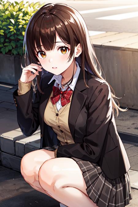 masterpiece, best quality, highres, 1girl, brown hair, long hair, bangs, brown eyes, medium breasts, red bowtie, school uniform, black jacket, open jacket, brown cardigan, white shirt, black skirt, plaid skirt, <lora:ogiwara_sayu_v1:0.6>, squatting, outdoors