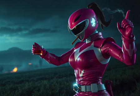 A woman Pink Power Ranger, dynamic pose, action-ready, volumetric form, luminescent glow, sipping tea, cigar smoke, field at night, distant fire, creepy background, James Jean style, rich colors, high contrast, gloomy atmosphere, trending on Artstation, Behance, Unreal Engine, 4K HD, fine detail.