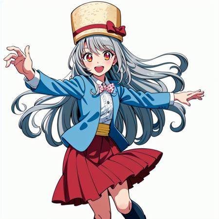 perfect anatomy,cowboy shot, dynamic pose, upper body, 
masterpiece, best quality, (1girl, solo),
umami, 1girl, solo, long hair, hat, skirt, open mouth, socks, grey hair, smile, white background, blue jacket, shoes, full body, kneehighs, red skirt, standing, looking at viewer, blush, white footwear, bow, orange eyes, jacket, black socks, red eyes, pleated skirt, hat bow <lora:Umami:0.65>