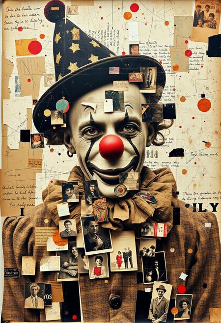 Outsider art. A surreal and deconstructed mixed-media collage in the style of Jacques Prévert with an urgent sense of chaos and energy. An analogue collage artwork blending fragmented styles, layers and textures. 
A vintage sepia photograph of 1920s American travelling carnival clown.
Layered over this obscuring the image are multiple fragmented and overlapping layers of chaotic thick paint, splatters of paint, palette knife oil paint, handwritten scrawled text messages, torn photographs and broken distorted vintage photographs filling the canvas. 
Layers of repetition of brightly coloured dots in Yayoi Kusama style. Fragmented scribbles and abstract graffiti images in Jean-Michel Basquiat style over the top. This hides sections of the image below. Outlines roughly redrawn in black. The overall effect is manic and anarchic with an urgent sense of energy.