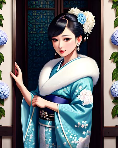 woman wearing furifur kimono, portrait, extremely fancy up-do, (hydrangea wallpaper), decorative wrought-iron fence, slate-blue green and white, opal jewelry, extravagant jewelry, patterned clothes, extremely detailed clothing, featured on pixiv, masterpiece, highest quality, 8k