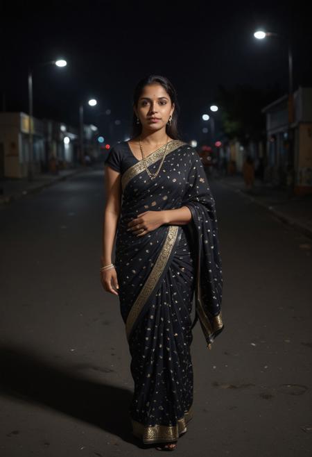 portrait of a indian woman wearing black pattern sari, walking in a street at night, street lights, dramatic colors, dramatic lighting, professional photography, 8K, 4k, high quality, background blur,