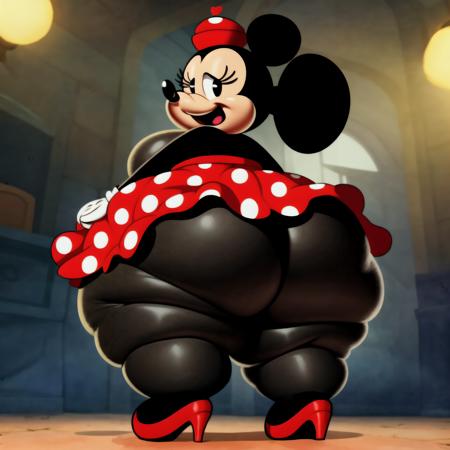 <lora:Minnie Mouse (Mickey Mouse shorts):0.7> 2d cartoon, anatomically correct, masterpiece, best high quality, ultra details, realistic, RAW Photo, perfect anatomy, 4k, 8k, quality lighting, detailed hands, detailed eyes, solo, ssbbw, Minnie Mouse,  female, mouse, red skirt, hat, massive boobs, thick thighs, wide hips, (black skin:1.1), boob focus, massive ass, low angle view <lora:BGV5EX:1> <lora:add_detail:1>