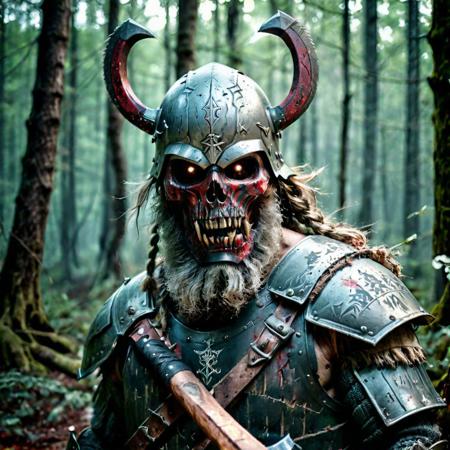 American shot, crazy medieval man, demonic warrior , killer, violent, with tattoos , open mouth, one eyed damaged, with big axe and wood shield, beard, long hair with wrinkles scars and blood marks, with helmet with animal horns, on the dark forest , at night forest, dramatic lights, dinamic shadows, cinematic style, realistic, cinematic stylemedieval man , warrior , killer, violent, with tattoos , with big axe , uge axe with blood,and old wood shield, broken shield, very long beard, with braids in the beard, long hair with wrinkles scars and blood marks, with helmet, helmet with old horns, on the dark forest , at night, dramatic lights, dinamic shadows, cinematic style, realistic, cinematic style, killer face. epic composition dramatic expression face. armor old and destroyed, dirty armour. BIG shield. Big axe, add branches on the helmet. axe position attack, wood shield only old wood, helmet broken, damaged on the helmet,killer face. epic composition, dramatic expression face. armor old and destroyed, dirty armour. BIG shield. Big axe, add branches on the helmet. axe position attack, wood shield only old wood, helmet broken, damaged on the helmet, epic position, dark colors, necklace with bones and skull, 4k. dark ambient, 8k, hyper realist photography,
