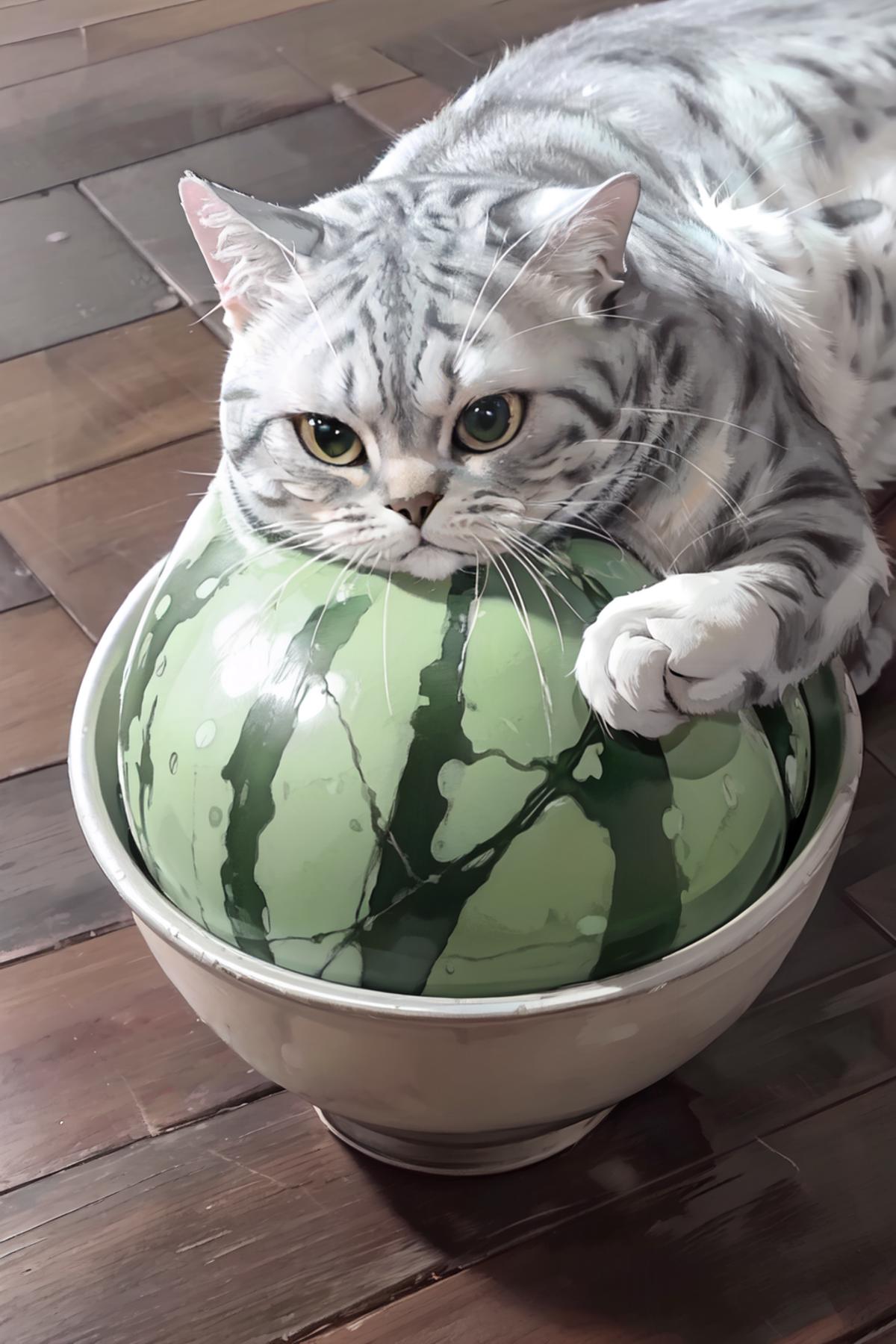 A cat with green eyes and a white coat is sitting in a bowl with a watermelon.