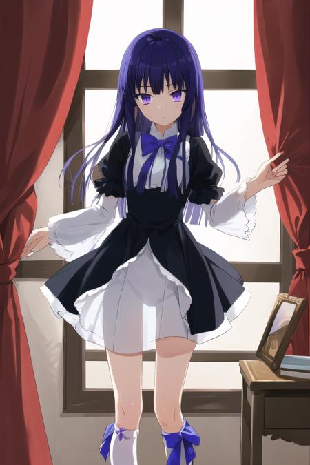 masterpiece, best quality, ultra-detailed, see-through silhouette, 1girl,  frederica bernkastel, purple eyes, purple hair, long hair, purple bow, dress, frills, white kneehighs,  kneehighs bow,