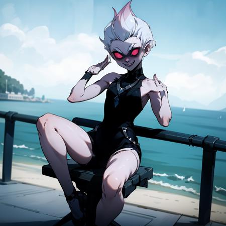 briarevil,hands up ,white gradient hair,full body sitting on a blue padded bench,leaning back on a white rope railing,blurry background,ocean outdoors, <lora:evilbriar-t1-000060:1>