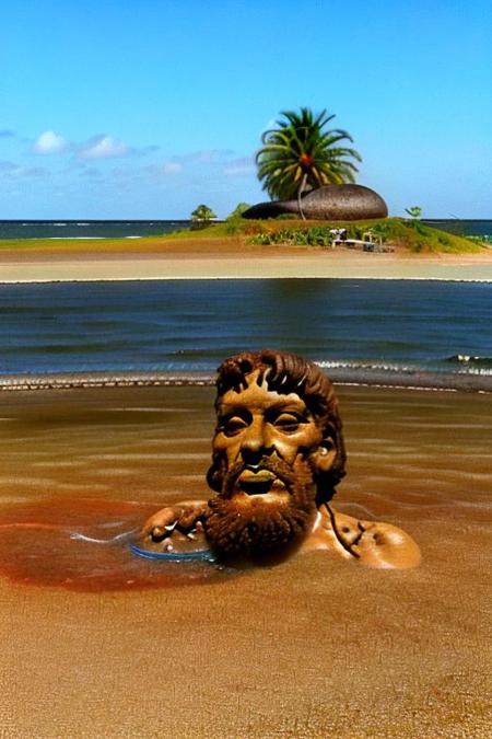 Weirdcore upper body and face of <ffurian> male face on sand on brazilian beach,  (face portrait 1.6) palm trees, 90VHS, (ffurian man with beard 1.1) (y2k aesthetic 0.8), ms paint style <lora:ms-paint-lora:1> (sunny weather 1.2), the matrix movie, <lora:y2kaesthetic:0.7>, half0ster, organic sculptures
