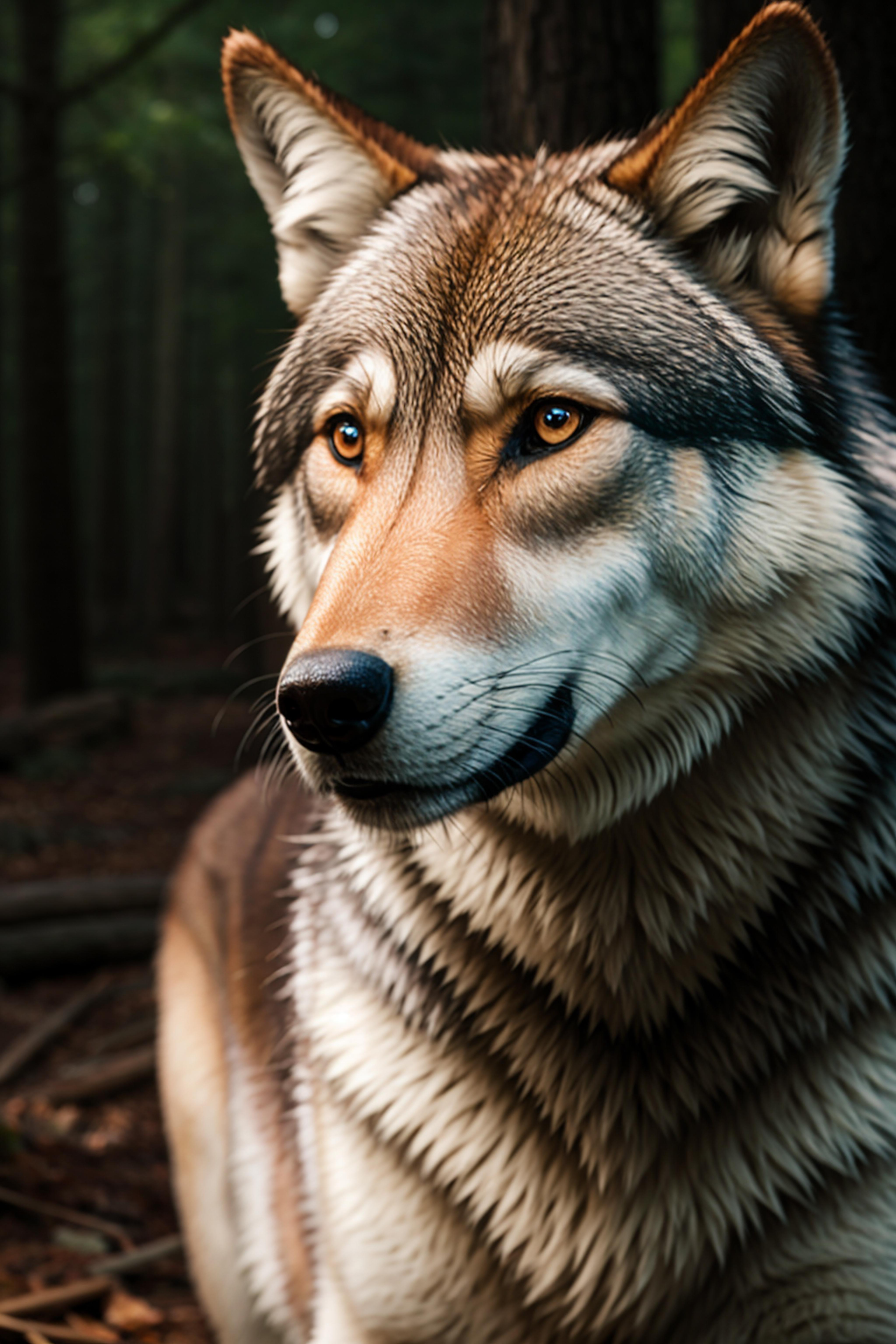 A wolf with glowing eyes staring into the camera.