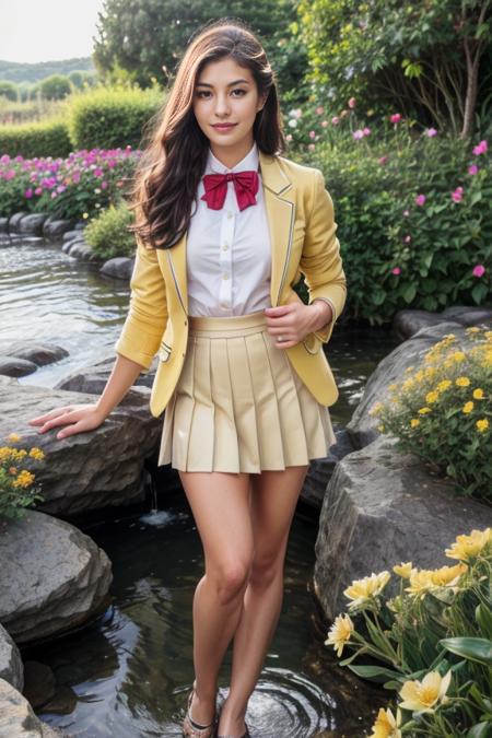 1 woman, detailed, realistic, standing, full body shot, scenic view, garden full of flowers, lily's, roses, flower:1.3, flowing water, rocks
<lora:Bowtie Blazer Dress By Stable Yogi:0.6> yellow blazer, bowtie, shirt, pleated skirt