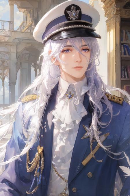 masterpiece, best quality, high quality,outdoors,portrait,white feather in the air,realistic, 
1man, adult,((mature male)), male focus,long hair,purple eyes, white hair,white suit,jewelry,<lora:yexuan:0.8>,military uniform, military hat, looking at viewer, 
fantasy, ambient_light