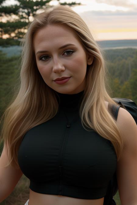 (headshot), 1girl, beautiful, sunset, beautiful sunset, cloudy, forest, nature hike, (((headshot))), BREAK
sports bra, backpack, yoga pants, BREAK
large breasts, makeup, long straight hair, pale skin, fair skin, white skin,  BREAK
<lora:Jasmine:1>