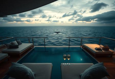 Ultra-wide angle from a luxury yacht's second-story canopy lounge: Plush cream loungers, polished teak flooring, and a minimalist infinity-edge pool (reflecting moody skies) frame the foreground. Beyond: Vast, deep-ocean expanse under a brooding twilight sky. Ocean details: Raw, glassy swells revealing layers of sapphire, teal, and abyssal indigo. A distant whale tail breaks the surface near the horizon, emphasizing scale. Atmosphere: Serene isolation, mist softening the horizon, warm golden hour light glinting off champagne flutes on a low table vs. cool oceanic blues. Style: Cinematic realism with shallow depth of field (lounger edge sharp, horizon softly blurred). Moody palette: Navy, charcoal, gold accents, emerald water depths. Textures: Crushed velvet cushions, rippled water, brushed steel yacht rails. Evoke: Peaceful solitude, profound ocean depth, and quiet luxury. No people, no land.