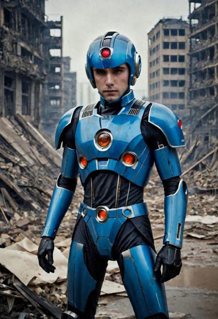 Photo of a megaman who is standing looking at how his city has been destroyed by a nuclear bomb. He has just arrived at the disaster and observes the horror of the destruction, ruined buildings full of smoke and flames, ground full of rubble with skeletons lying around In the dawn light floods the scene, the man is completely dressed in normal clothes and wet, he is dirty, everything is a disaster, the sky is cloudy and it is raining, , Fujifilm XT3,film still,film grain,cinematic,soldier accessories,war style, professional photo,best quality and best aesthetic,Award-winning artistic photos,Outdoors,public places,( detailed in background:1.6)Perfil,18-20
