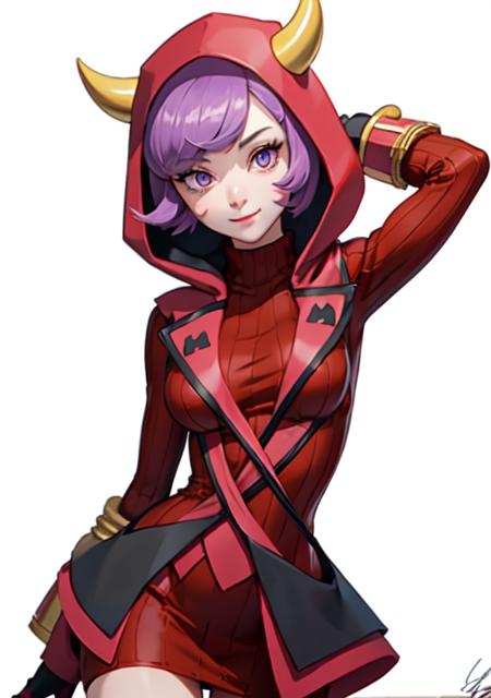 <lora:courtney:0.7>,courtney, 1girl, solo, breasts, looking at viewer, smile, short hair, bangs, simple background, gloves, white background, dress, closed mouth, purple eyes, purple hair, horns, signature, hood, arm up, sweater, eyelashes, red dress, clenched hand, red gloves, ribbed sweater, hood up, fake horns, sweater dress, horned headwear, ribbed dress