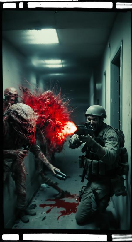 A grainy, low-quality, analog film photo captures the intensity of a chaotic firefight. The POV shows a soldier firing a rifle at a horrifying alien, the creature's head exploding into a cloud of bloody mist upon impact. The desaturated 35mm frame is blurred with motion, as bullets fly and alien invaders lurk in the shadows. The scene feels raw and real, like found footage from a classified war, where the aliens are grotesque, flesh-consuming creatures. The low lighting adds to the fear, as the creature emerges from the darkness, smiling with malice, while a blood-stained captain screams in agony, being devoured alive. The camera catches every terrifying moment in faded, stained Kodachrome with a gritty vignette, amplifying the sense of helplessness in the face of overwhelming horror. Blurry, chaotic footage from an old, grainy 35mm film reveals a brutal firefight in progress. The soldierâs POV is locked on an alien invader charging down a dark hallway, its monstrous form barely visible in the dim light. A headshot sends the creatureâs skull bursting into a red mist, but the sense of dread lingers as more of the creatures lurk in the shadows, consuming the living. The aliens are terrifying, inhuman predators, and the found footage captures every horrifying detail: the captainâs desperate cries, blood pooling around him as heâs eaten alive, the screams urging for retreat